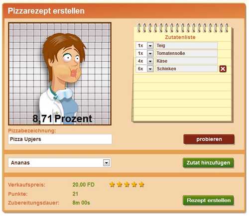 Screenshot der Funny Pizza Rezepteküche
